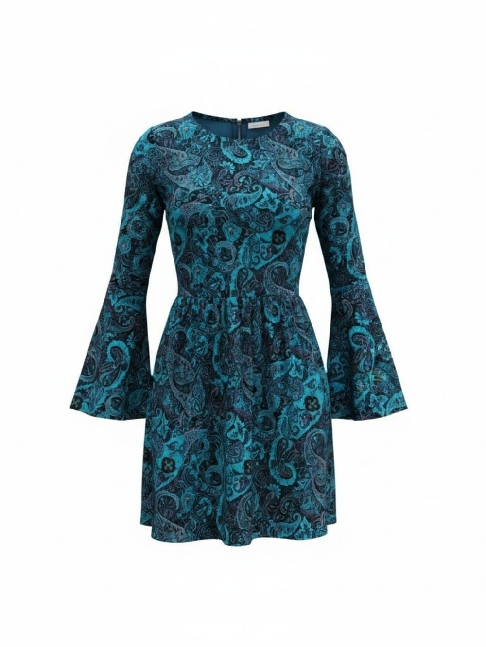 One Clothing Paisley Boho Teal & Purple Bell‑Sleeve Dress Size Small